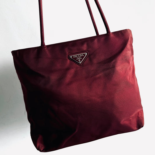 Prada Maroon Burgundy Red Classic Logo Nylon Shopper Zip Shoulder Tote Bag