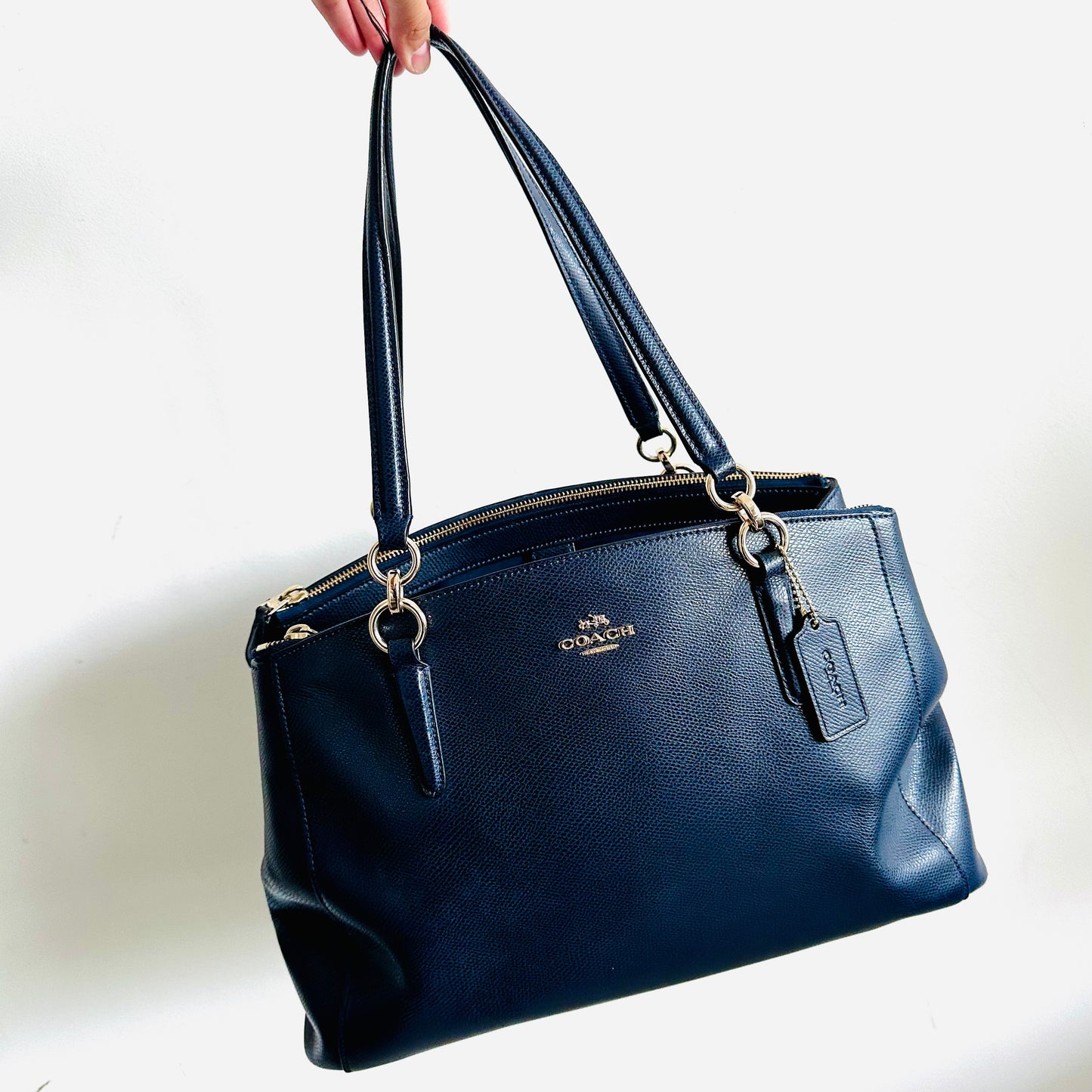 Coach Navy Blue GHW Christie Satchel Carryall 2-Way Top Handle Shoulder Sling Crossgrain Leather Tote Bag