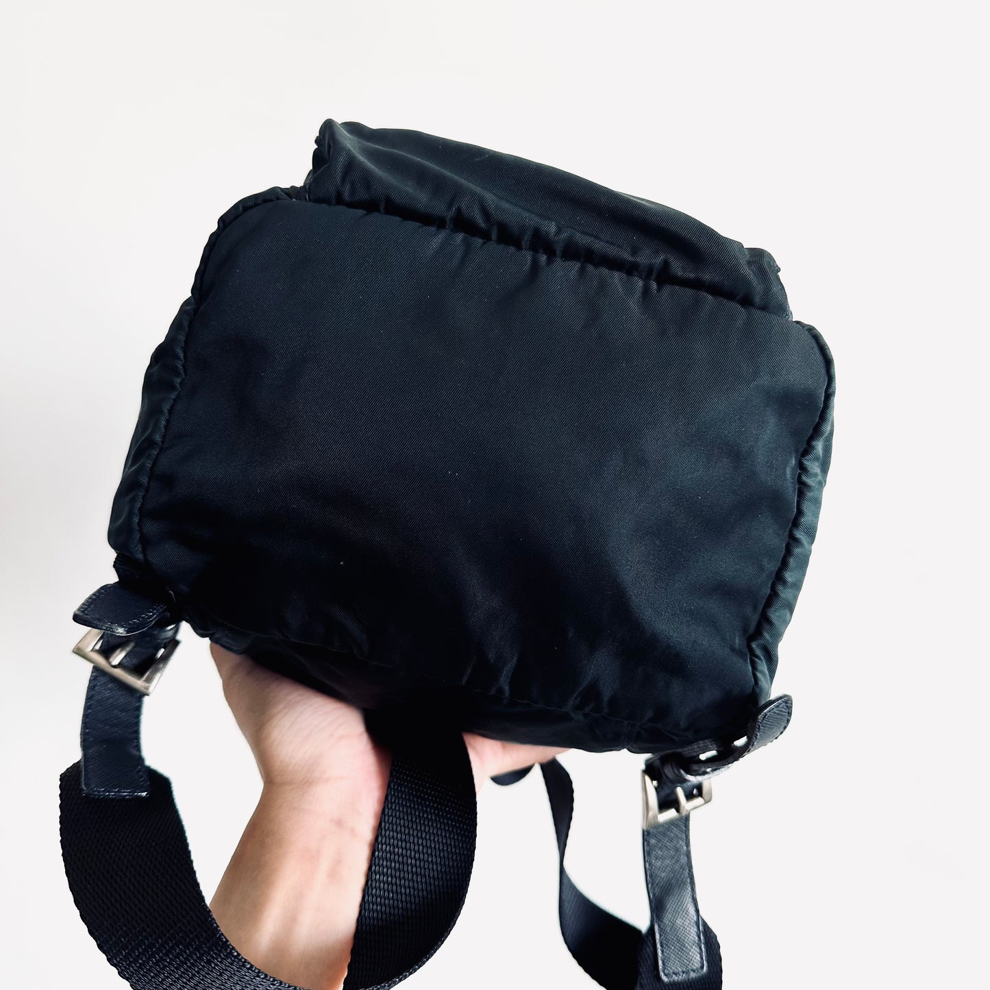 Prada Navy Blue Tessuto Small Classic Logo Nylon & Leather Backpack Drawstring Bag