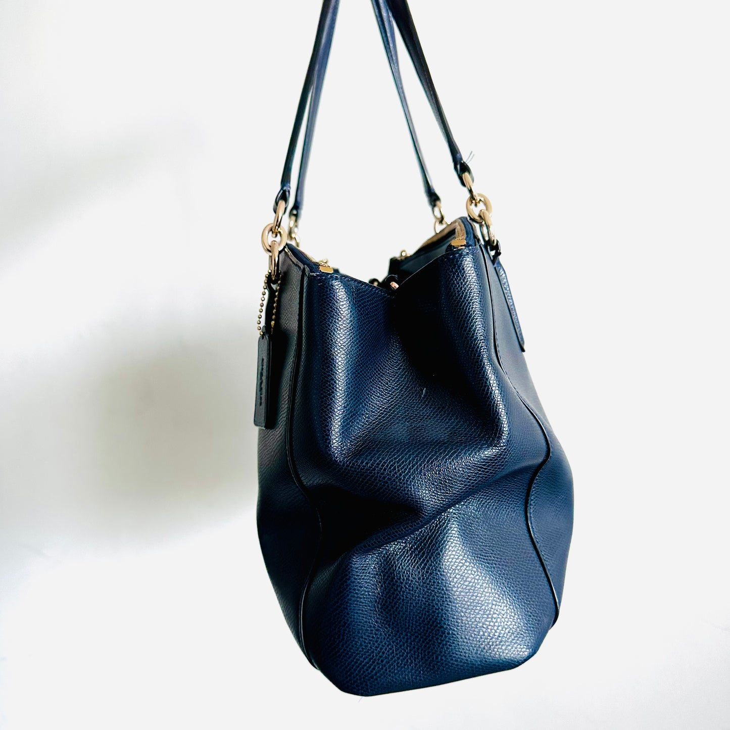 Coach Navy Blue GHW Christie Satchel Carryall 2-Way Top Handle Shoulder Sling Crossgrain Leather Tote Bag