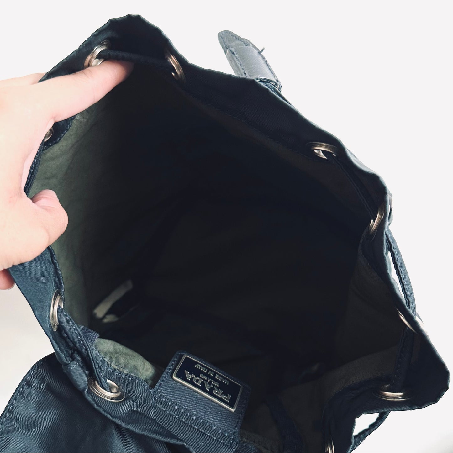 Prada Navy Blue Tessuto Small Classic Logo Nylon & Leather Backpack Drawstring Bag