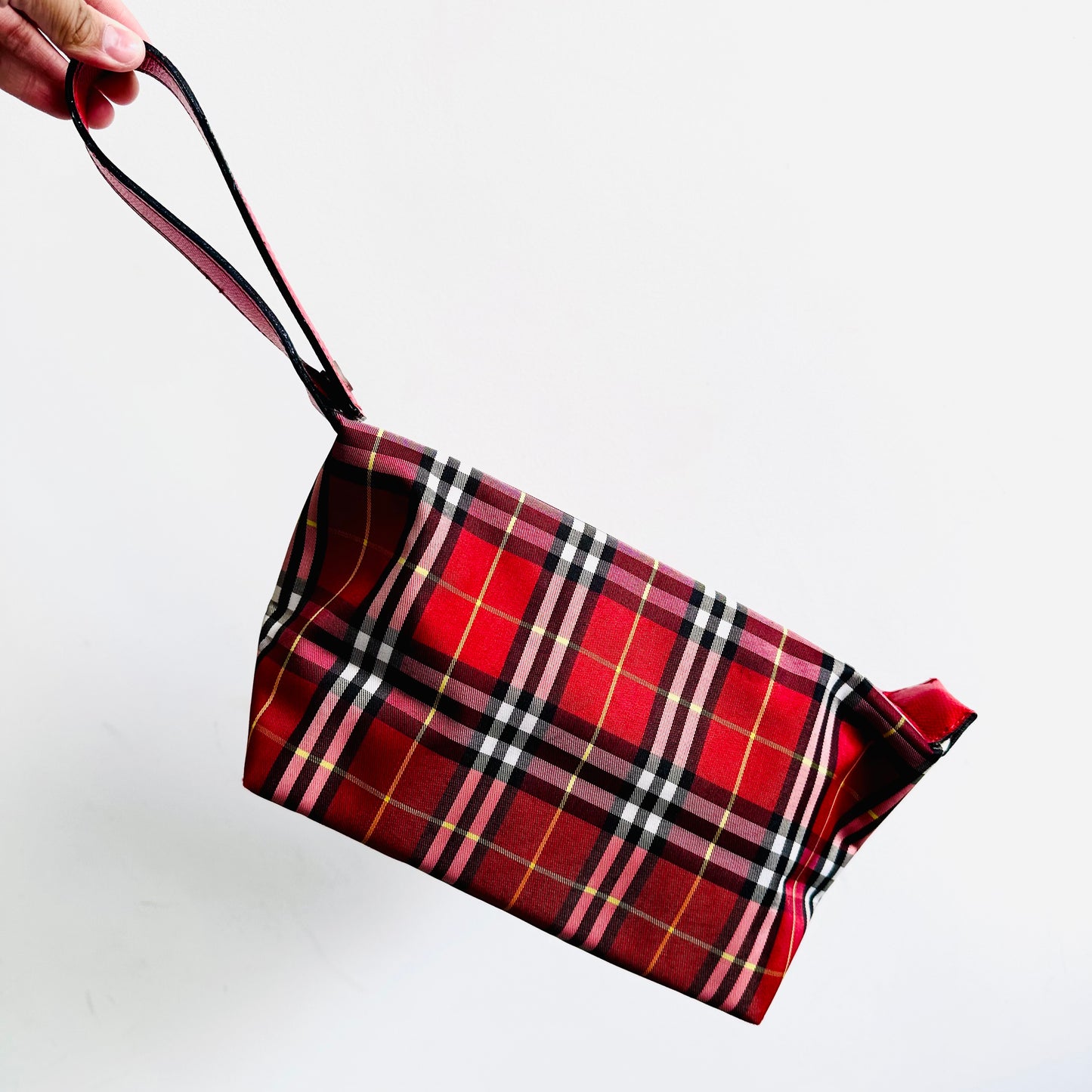 Burberry Deep Red Classic Check Nova Haymarket Checkered Baguette Hobo Shoulder Bag Wrislet Pouch Clutch