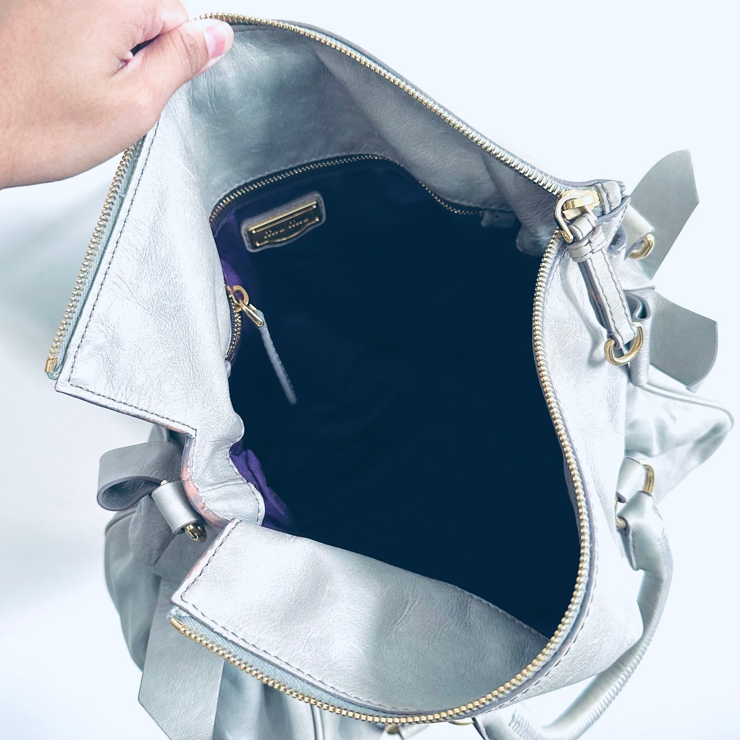 Miu Miu Glacier Blue GHW Bow Vitello Lux Classic Logo Shopper Shoulder Sling Tote Bag