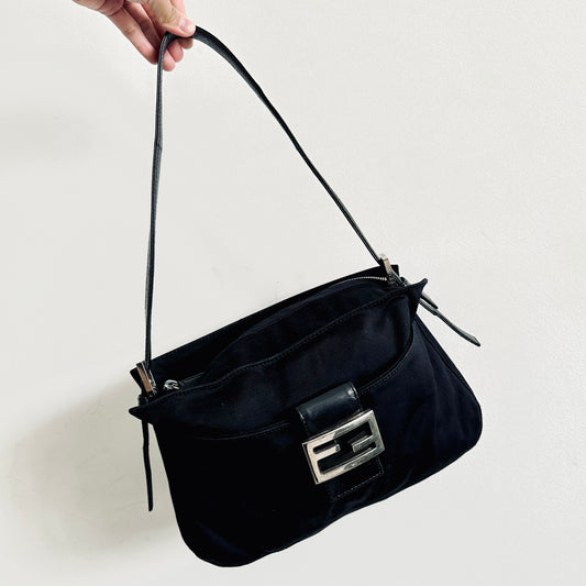 Fendi FF Zucca Black Monogram Logo Zip Flap Baguette Hobo Mamma Pochette Shoulder Bag