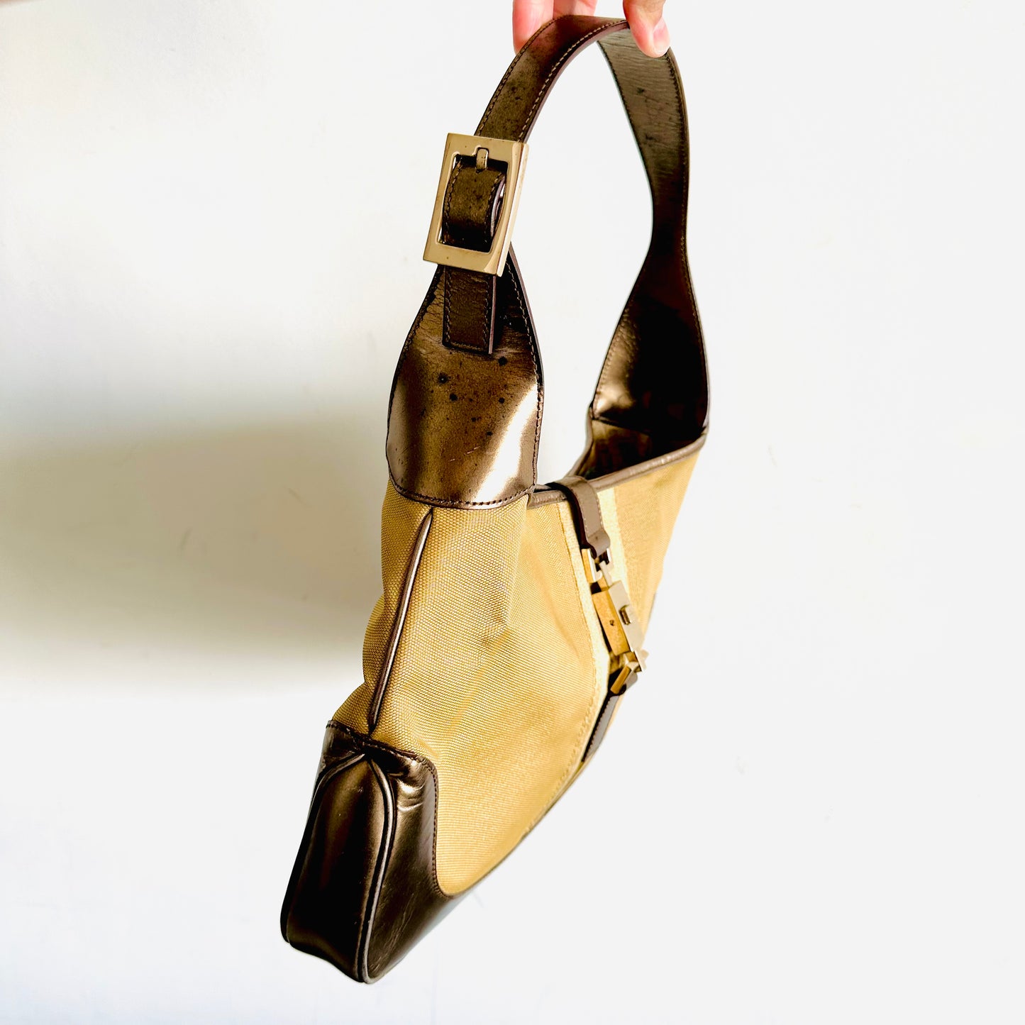 Gucci Jackie Brown / Gold GHW Monogram Logo Web Striped Vintage Hobo Shoulder Bag