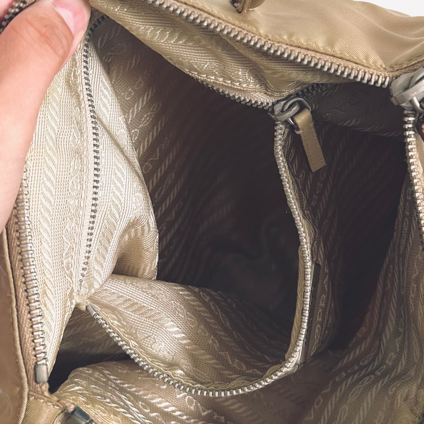 Prada Khaki Beige Tessuto Sport Classic Logo Nylon Shoulder Zip Tote Bag