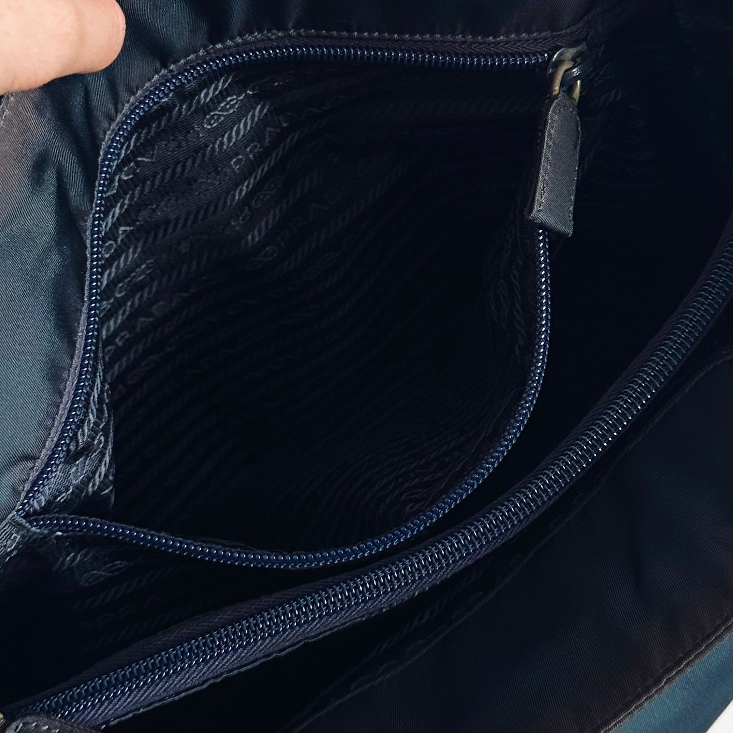 Prada Navy Blue Classic Logo Nylon Small Shopper Zip Tote Bag