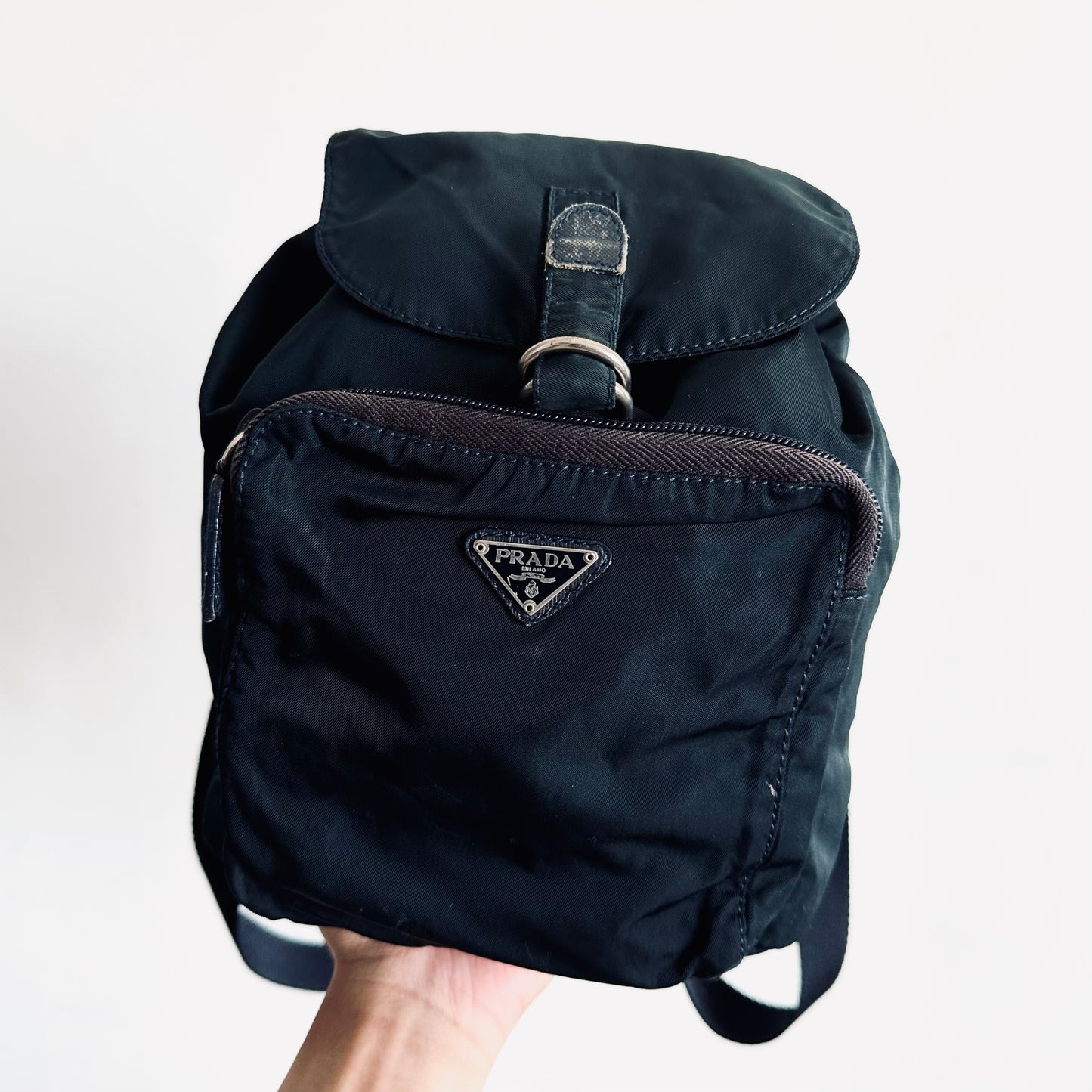 Prada Navy Blue Tessuto Small Classic Logo Nylon & Leather Backpack Drawstring Bag