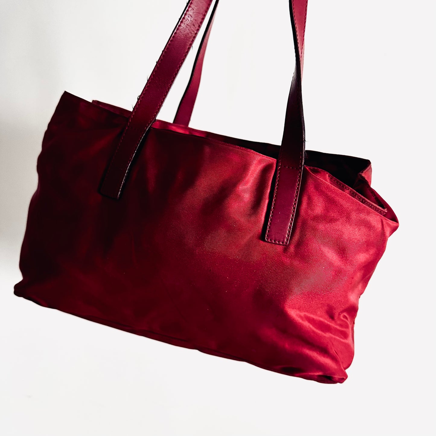 Prada Deep Maroon Red Logo Nylon & Leather Classic Wide Shopper Shoulder Tote Bag