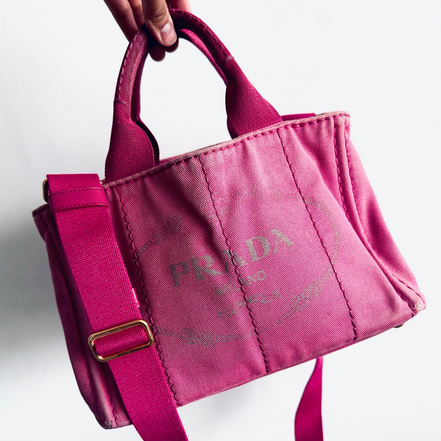 Prada Pink GHW Canapa Classic Logo Small Structured 2-Way Shopper Shoulder Sling Tote Bag