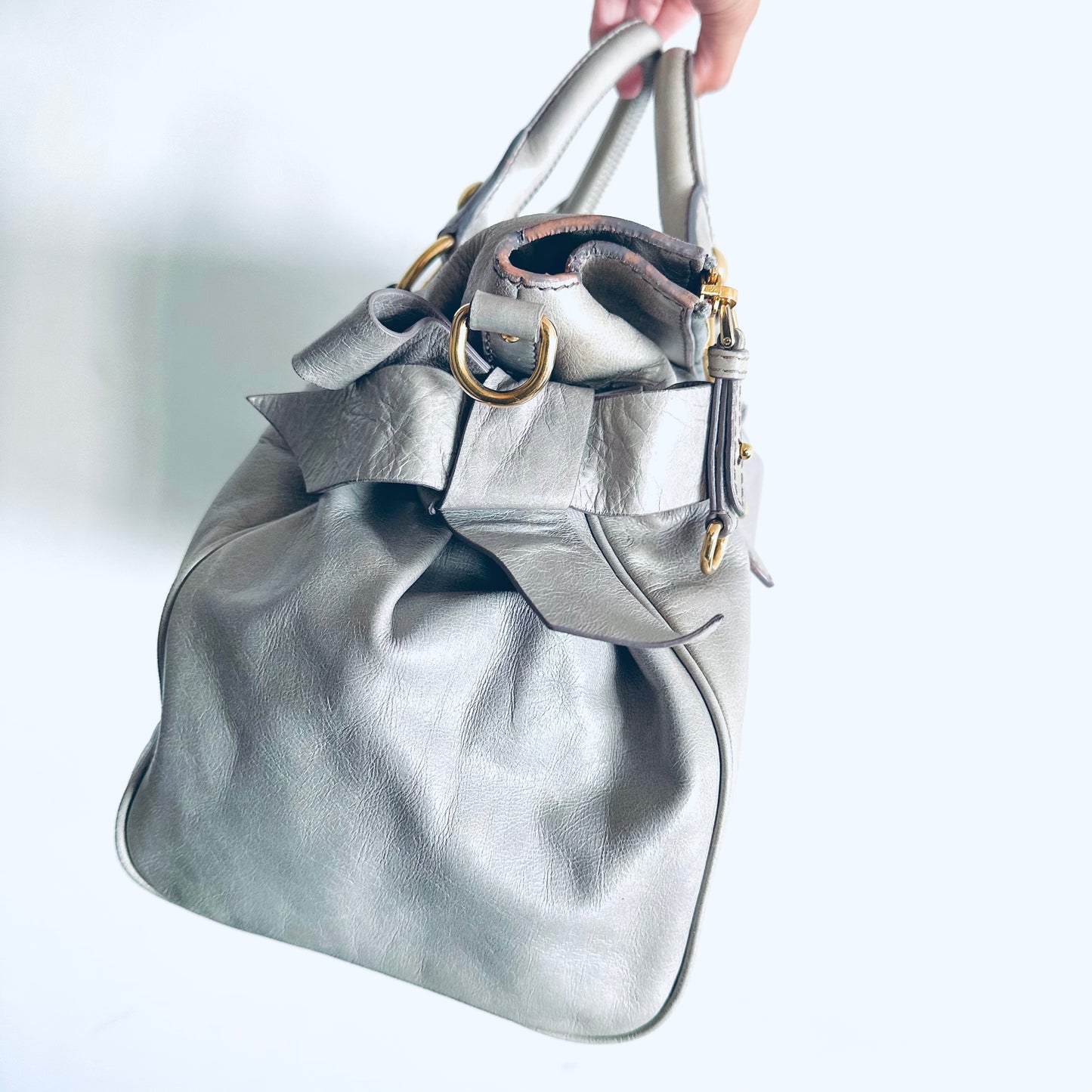 Miu Miu Glacier Blue GHW Bow Vitello Lux Classic Logo Shopper Shoulder Sling Tote Bag