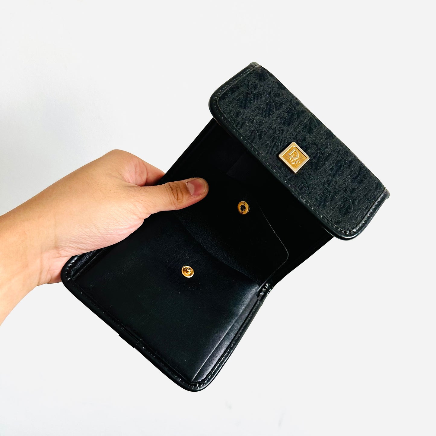 Christian Dior CD Black GHW Oblique Monogram Logo Flap Vintage Trifold Compact Wallet