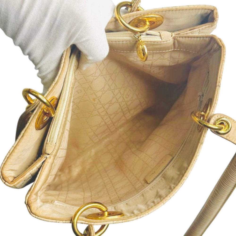 Christian Dior CD Warm Beige GHW Lady Dior Cannage Quilted Fabric Monogram Logo Shoulder Shopper Tote Bag