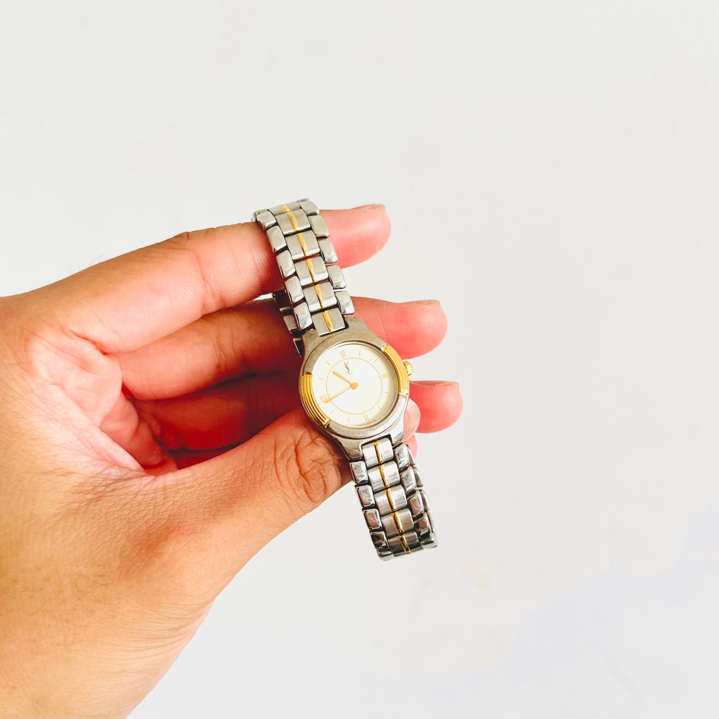 YSL Yves Saint Laurent Gold & Stainless Steel Round Circle Monogram Logo 22MM Quartz Watch