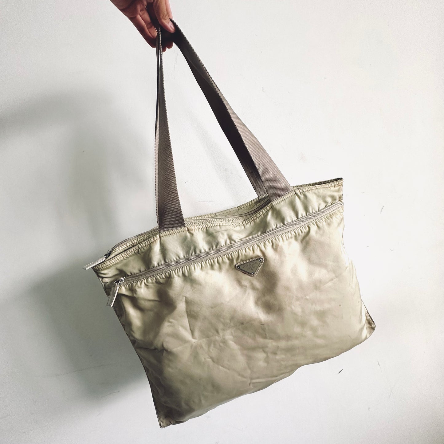 Prada Cream White Vela Classic Logo Wide Shopper Shoulder Tote Bag