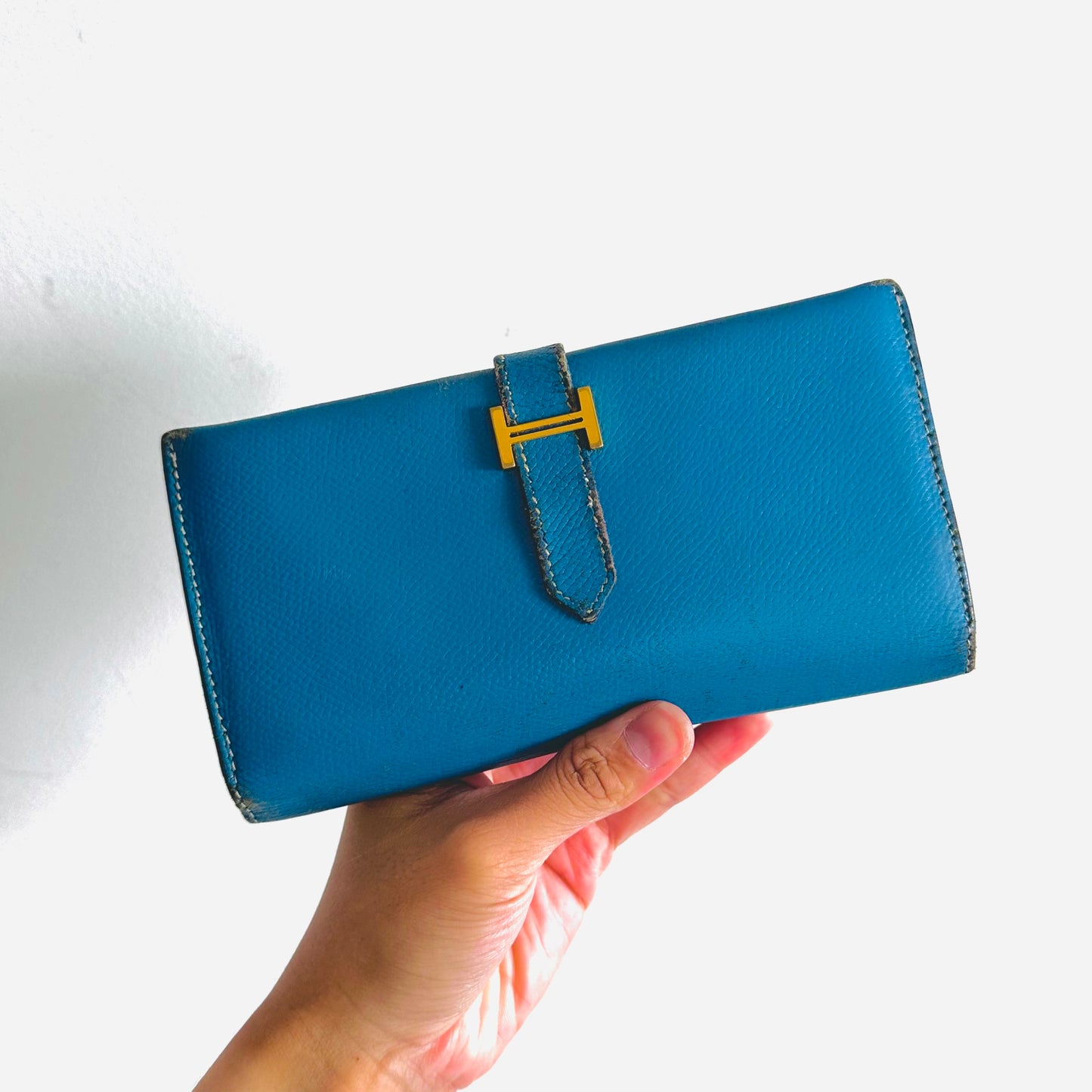 Hermes Bearn Blue Bleu Jean GHW H Logo Epsom Grained Leather Trifold Flap Long Wallet