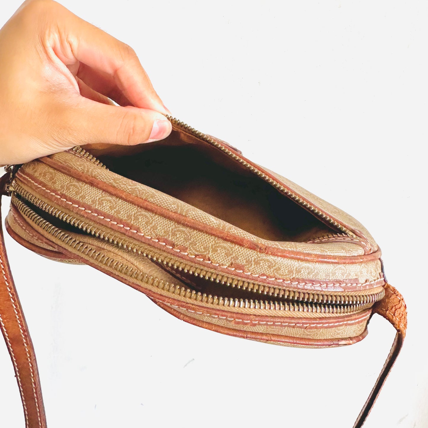Celine Beige Triomphe Macadam Monogram Logo Oval Half Moon Vintage Shoulder Sling Bag