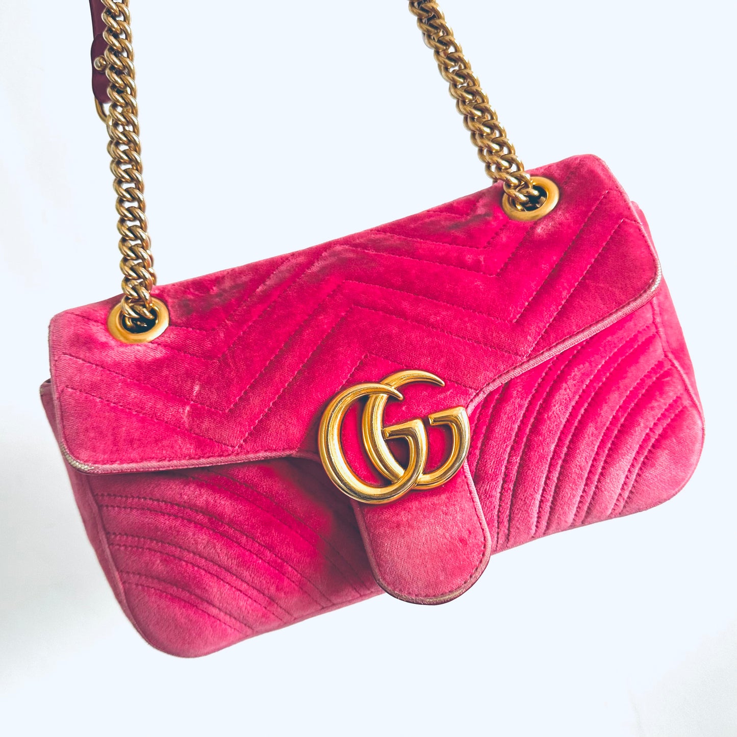 Gucci Marmont GG Monogram Logo Crushed Velvet Pink GHW Small Flap Shoulder Sling Bag