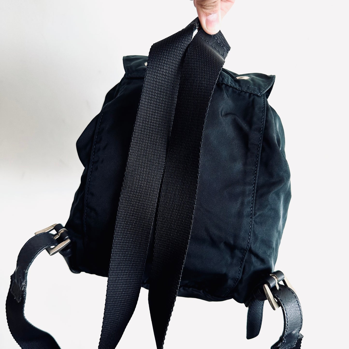Prada Navy Blue Tessuto Small Classic Logo Nylon & Leather Backpack Drawstring Bag
