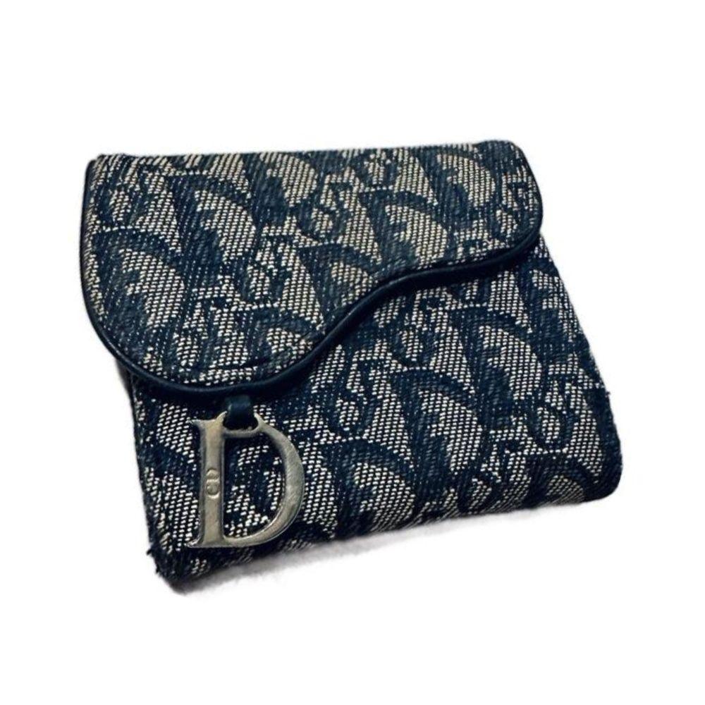 Christian Dior Navy Blue Saddle Oblique Monogram Compact Flap Wallet