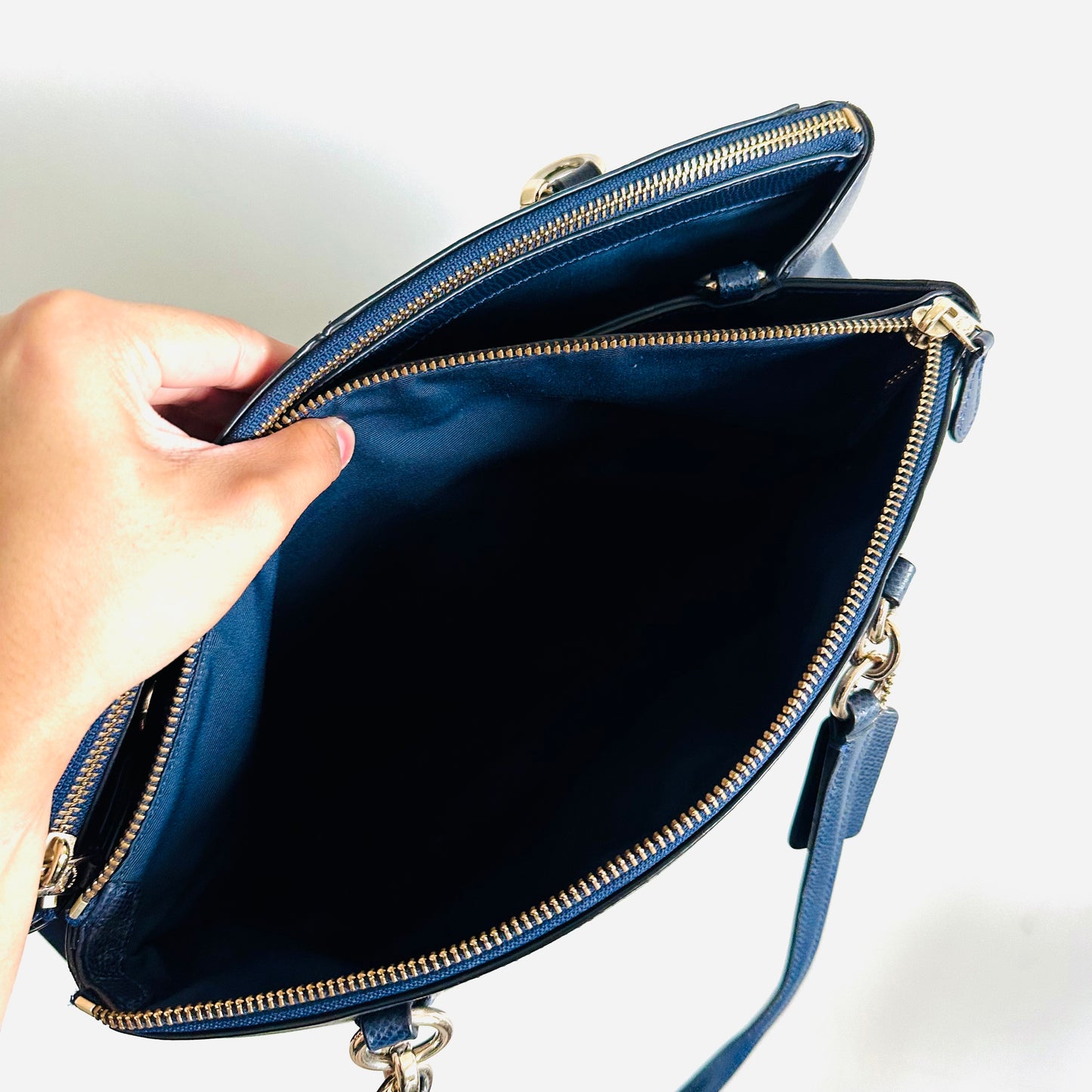 Coach Navy Blue GHW Christie Satchel Carryall 2-Way Top Handle Shoulder Sling Crossgrain Leather Tote Bag