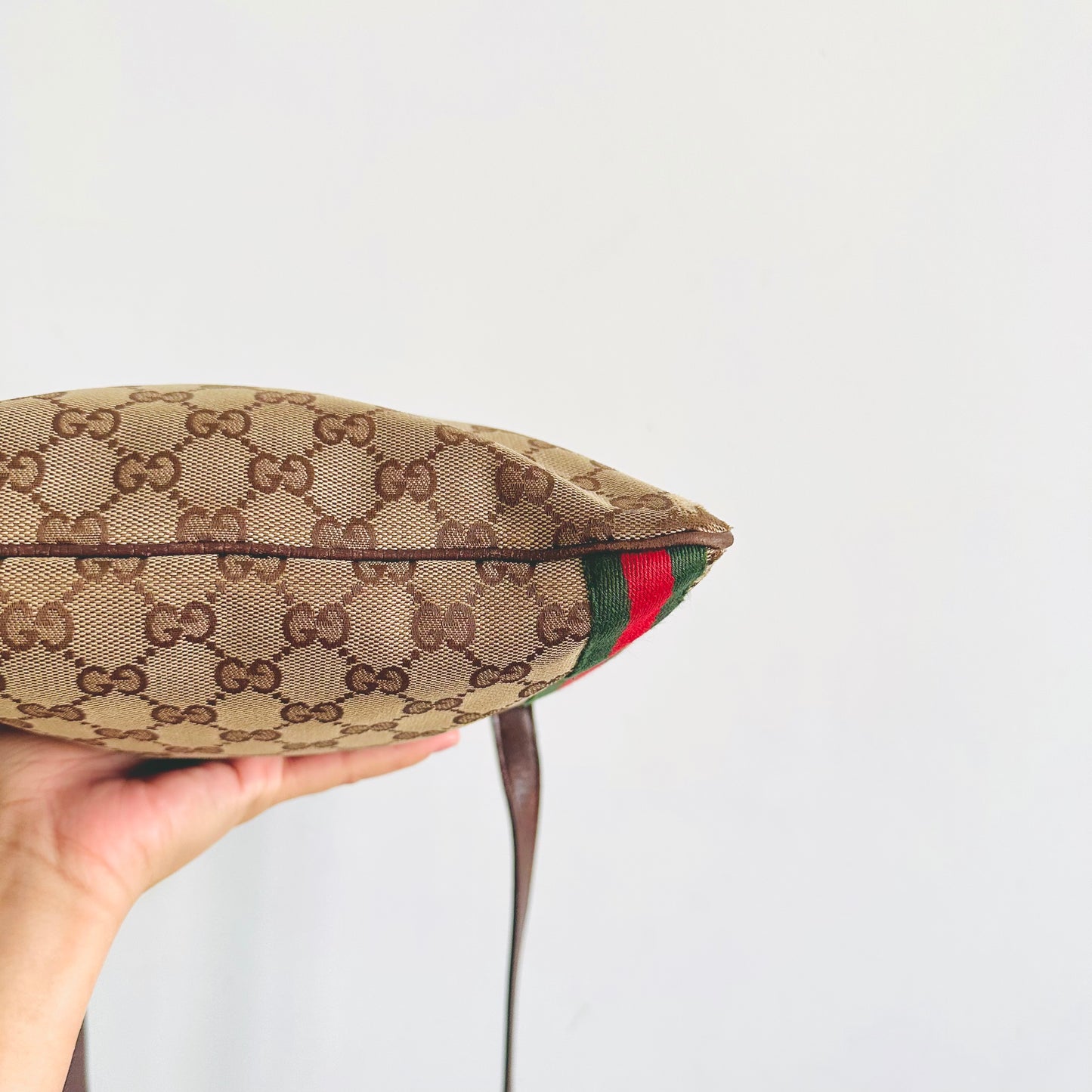 Gucci Beige Ophidia GG Monogram Logo Web Striped Small Zip Shoulder Sling Bag