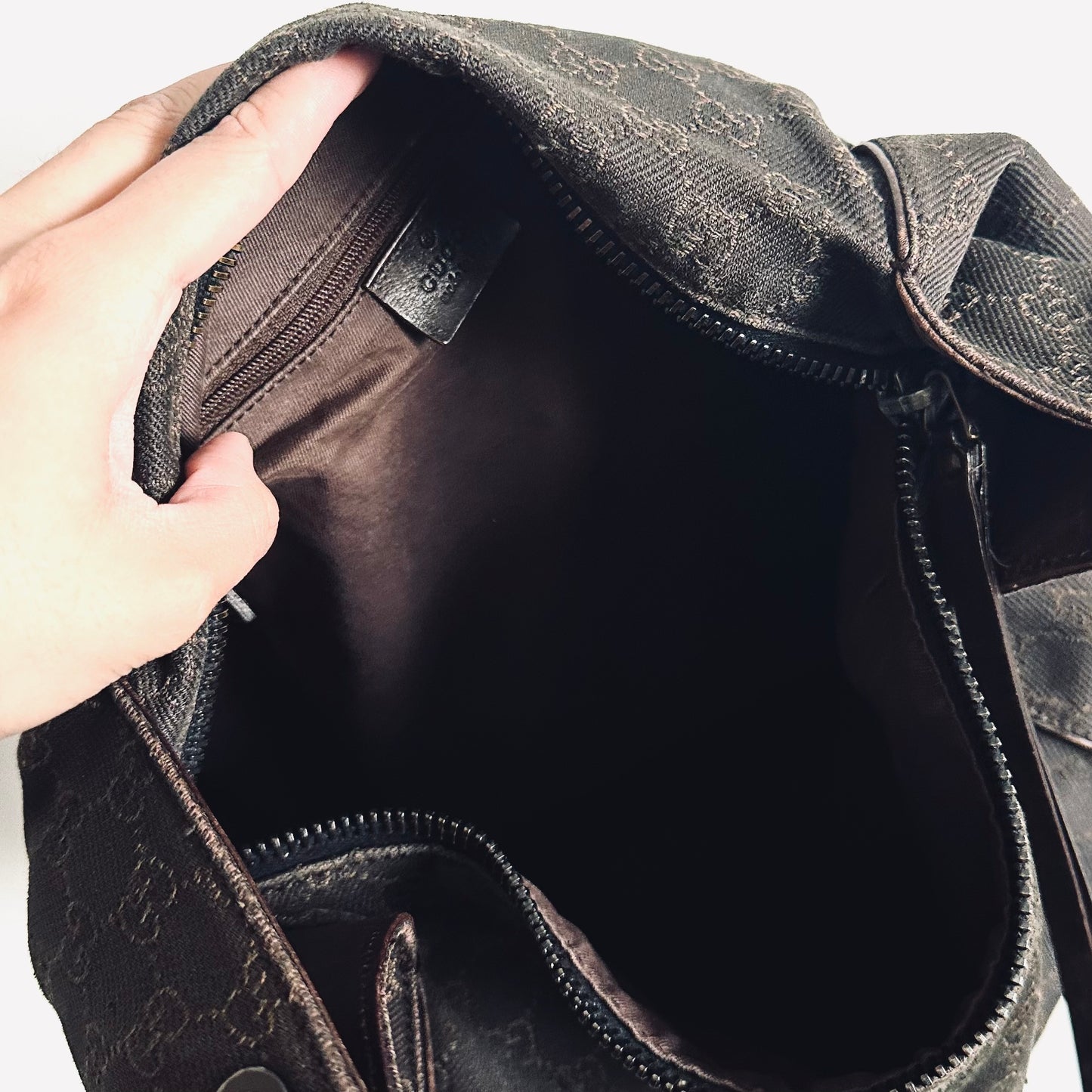 Gucci Black / Dark Brown Micro GG Monogram Logo Hobo Baguette Shoulder Bag