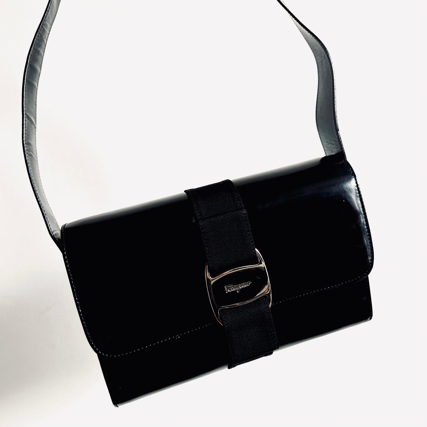 Salvatore Ferragamo Vara Black Bow Patent Leather Flap Hobo Shoulder Sling Bag