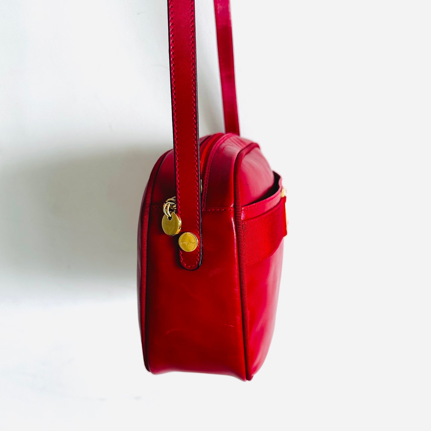 Salvatore Ferragamo Vara Bow Deep Red GHW Logo Smooth Leather Camera Shoulder Sling Bag