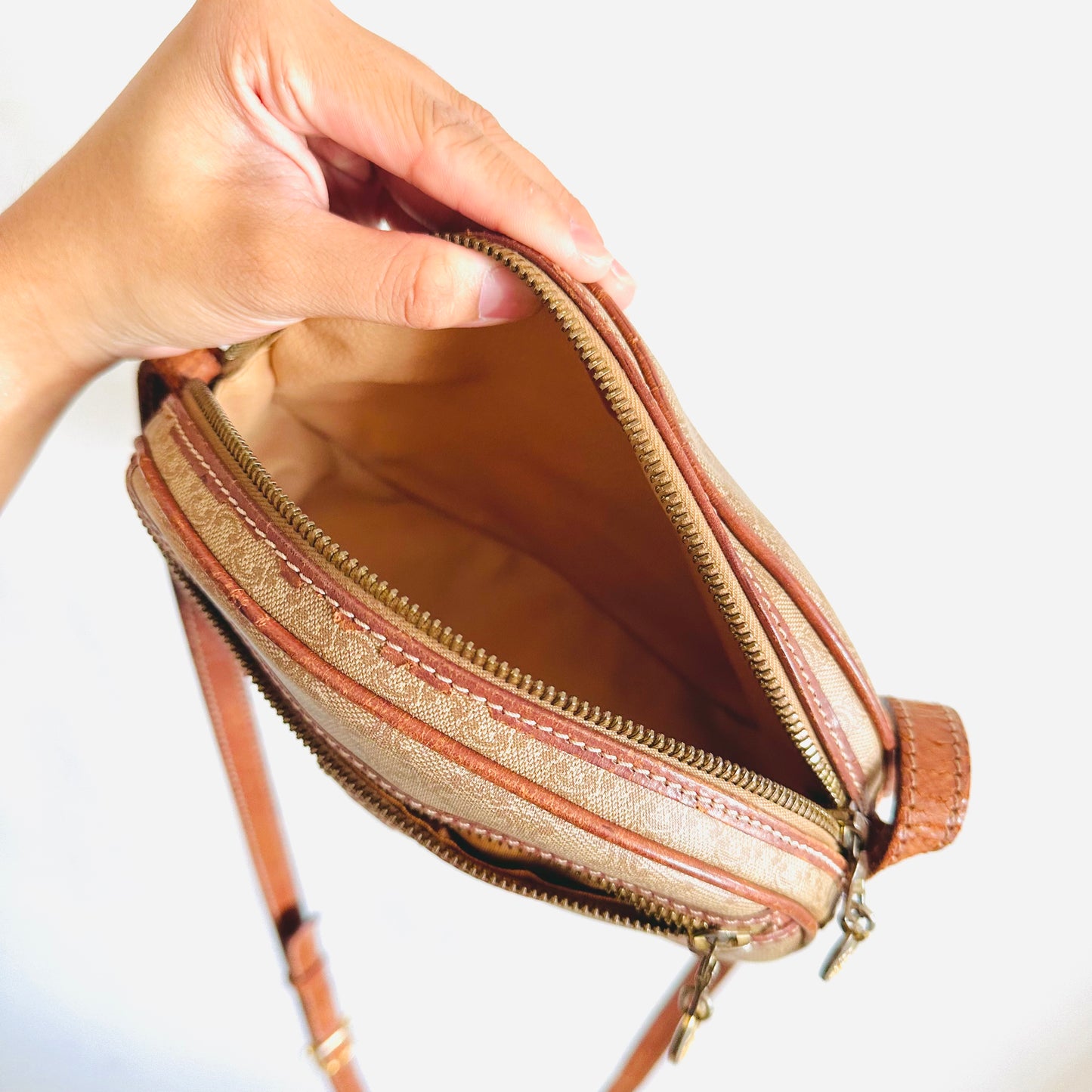 Celine Beige Triomphe Macadam Monogram Logo Oval Half Moon Vintage Shoulder Sling Bag