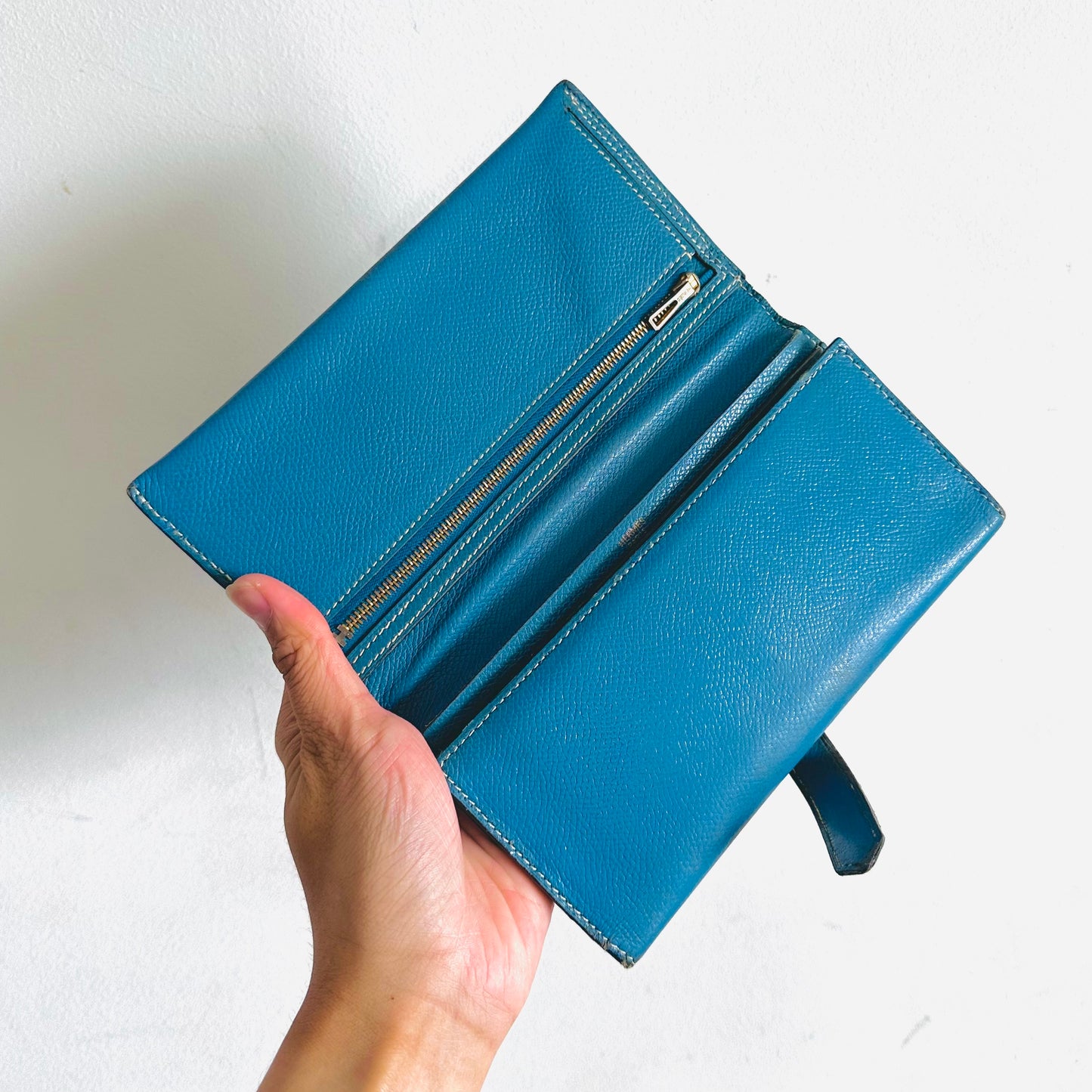 Hermes Bearn Blue Bleu Jean GHW H Logo Epsom Grained Leather Trifold Flap Long Wallet
