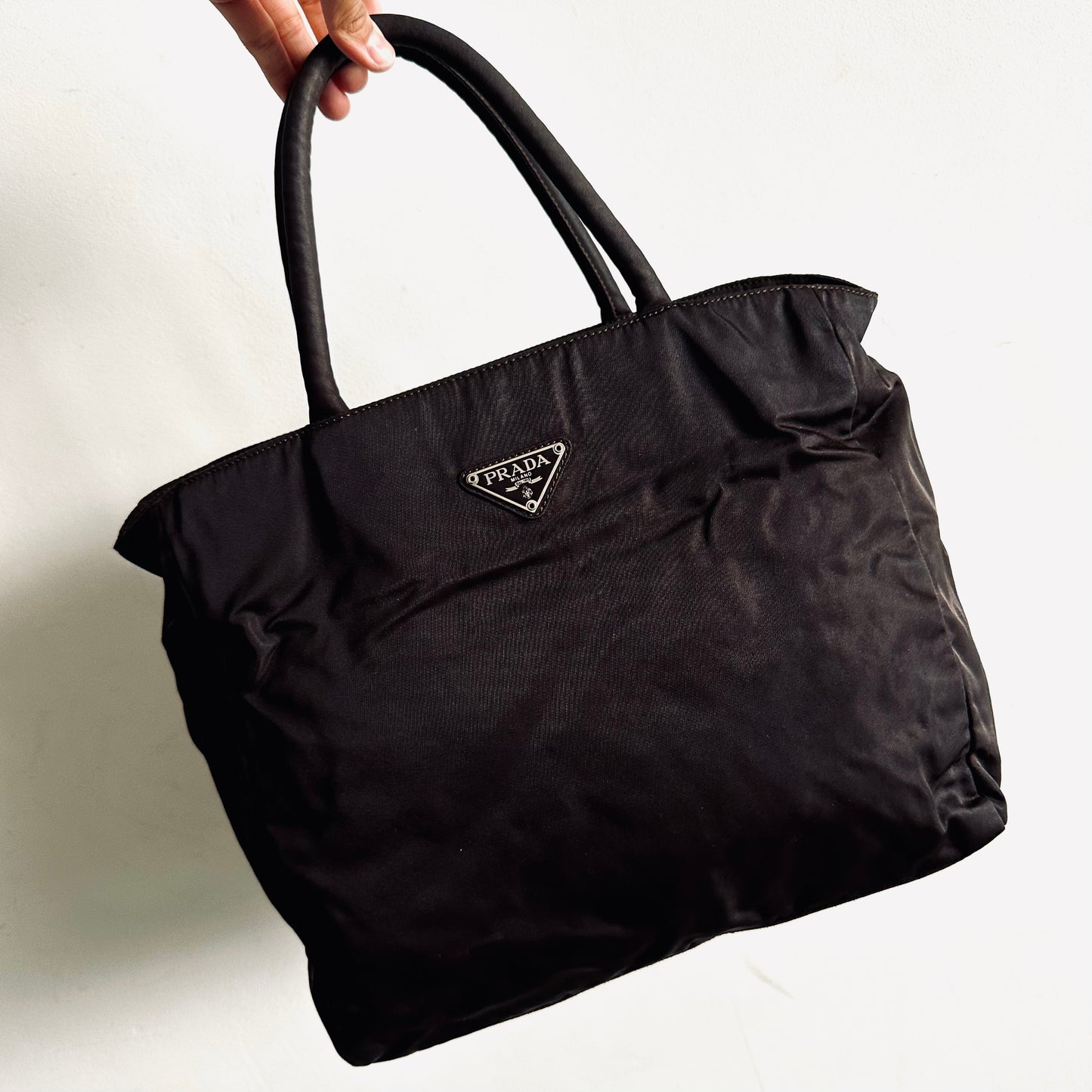 Prada Dark Brown Tessuto City Classic Logo Nylon Structured Shopper Zip Shoulder Tote Bag