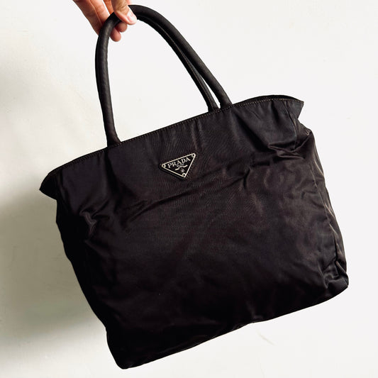 Prada Dark Brown Tessuto City Classic Logo Nylon Structured Shopper Zip Shoulder Tote Bag
