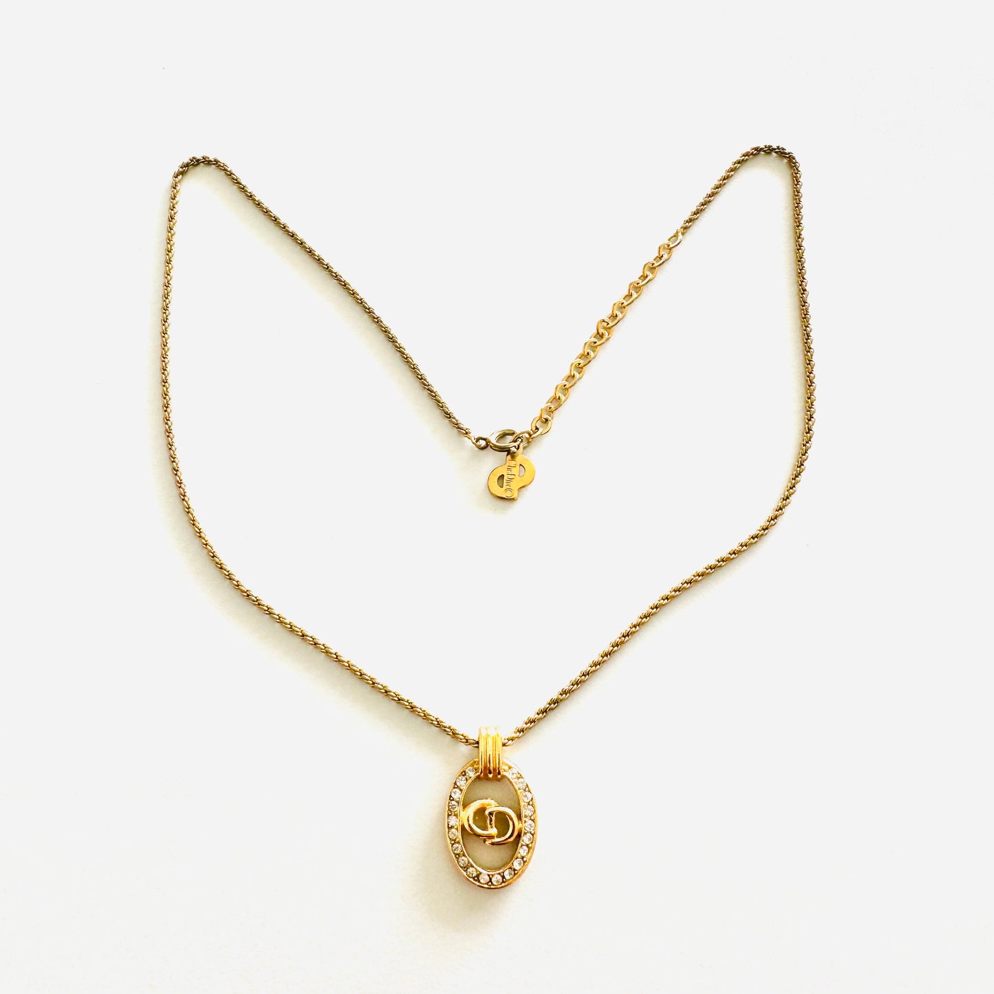 Christian Dior CD Monogram Logo Round Signature Gold & Crystals Classic Adjustable Vintage Necklace
