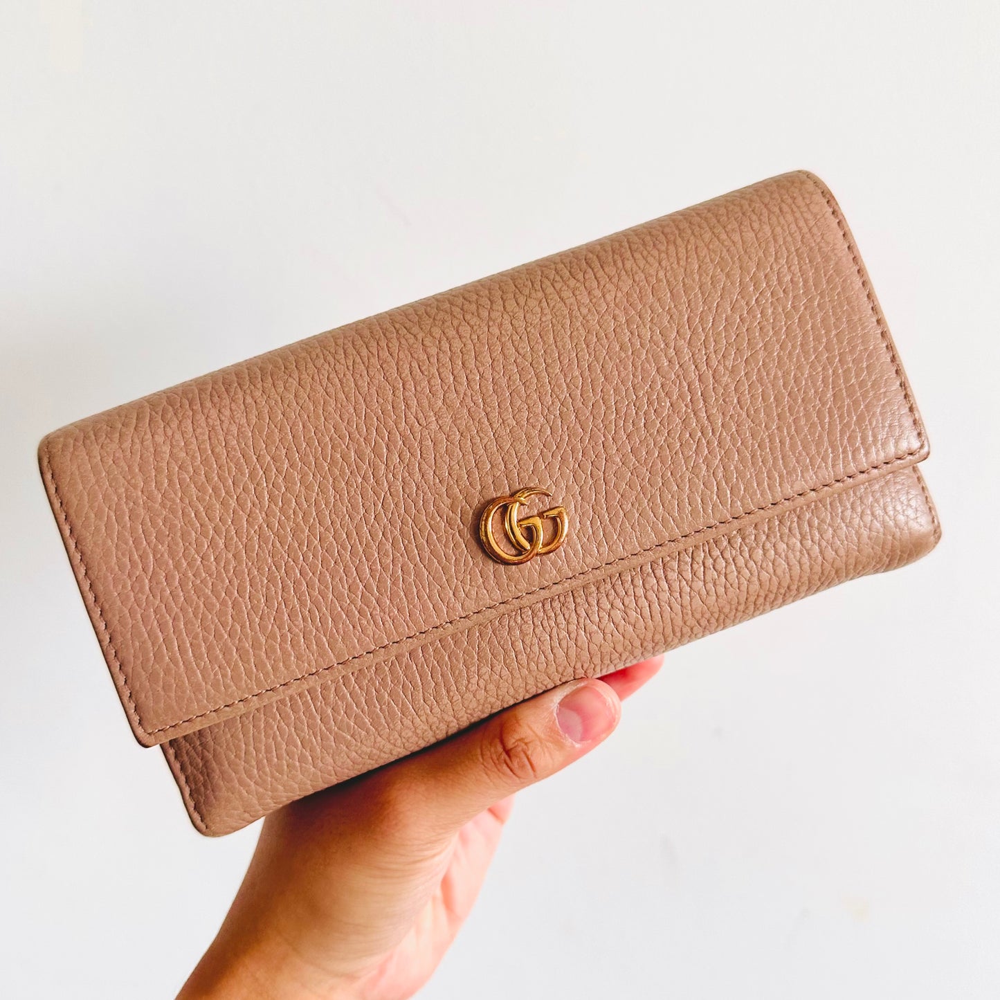 Gucci Dusty Pink GHW Marmont GG Monogram Logo Textured Leather Flap Continental Long Wallet