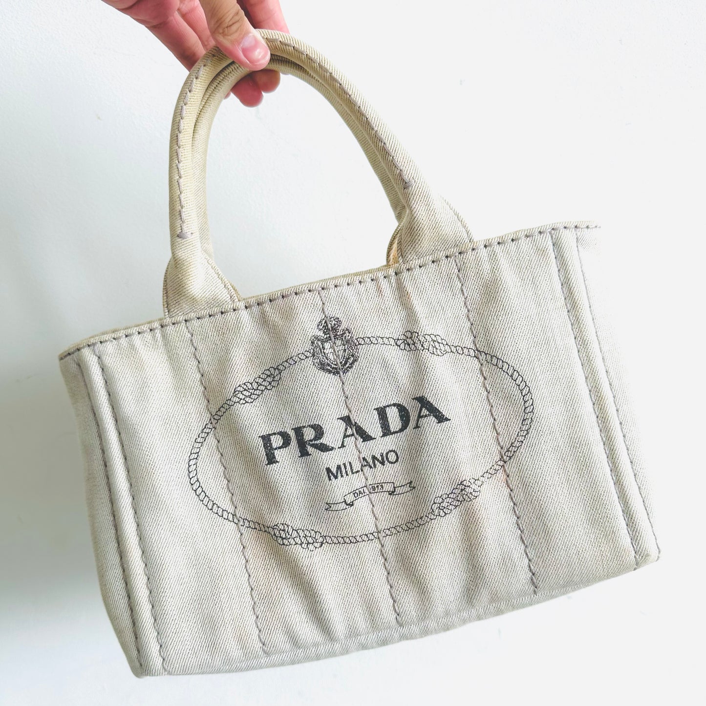 Prada Off White Canapa Small Classic Logo Structured Shopper Tote Bag