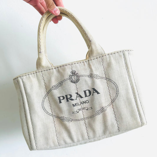 Prada Off White Canapa Small Classic Logo Structured Shopper Tote Bag