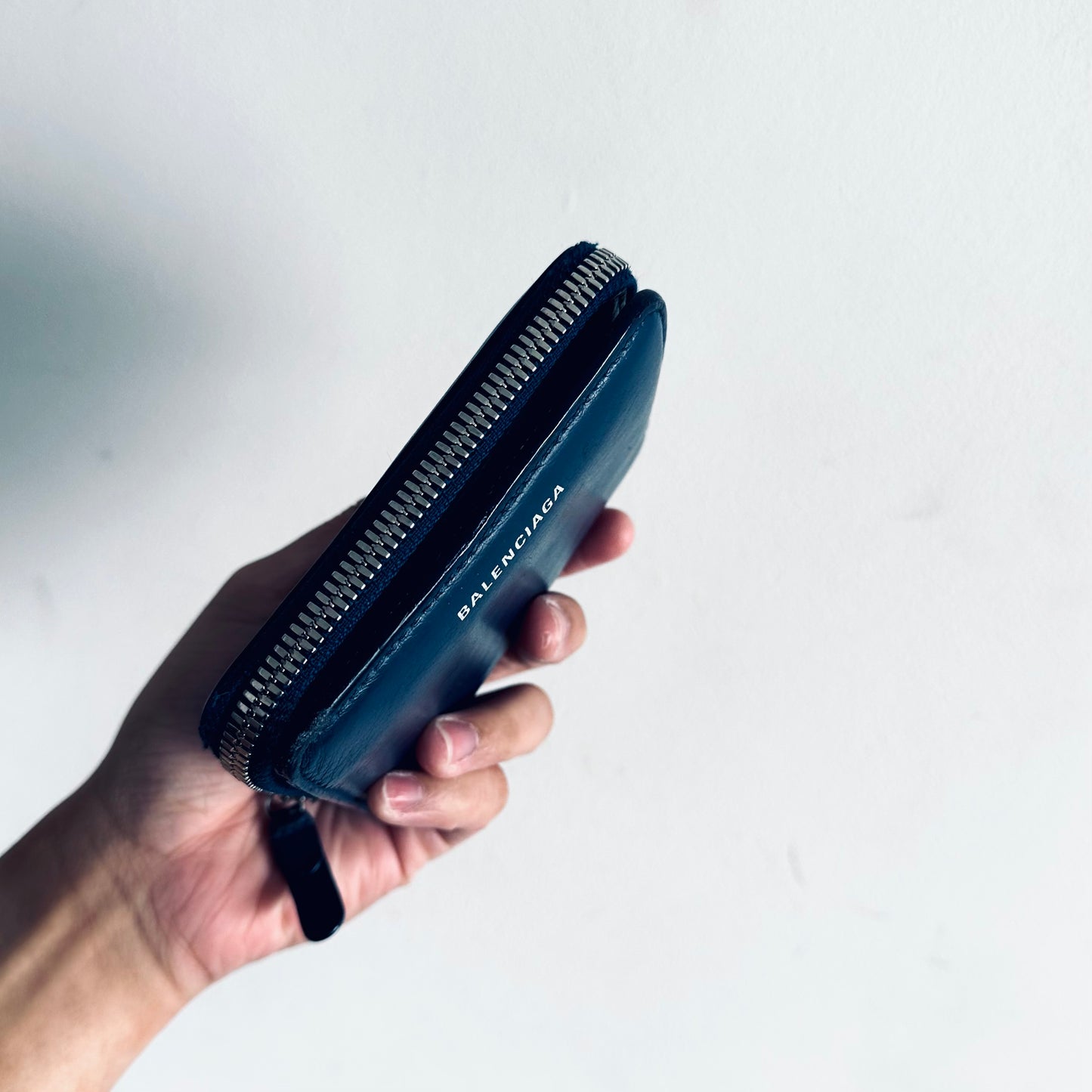 Balenciaga Everyday Navy Blue Leather Classic Motif Monogram Logo Bifold Compact Zip Around Zippy Wallet