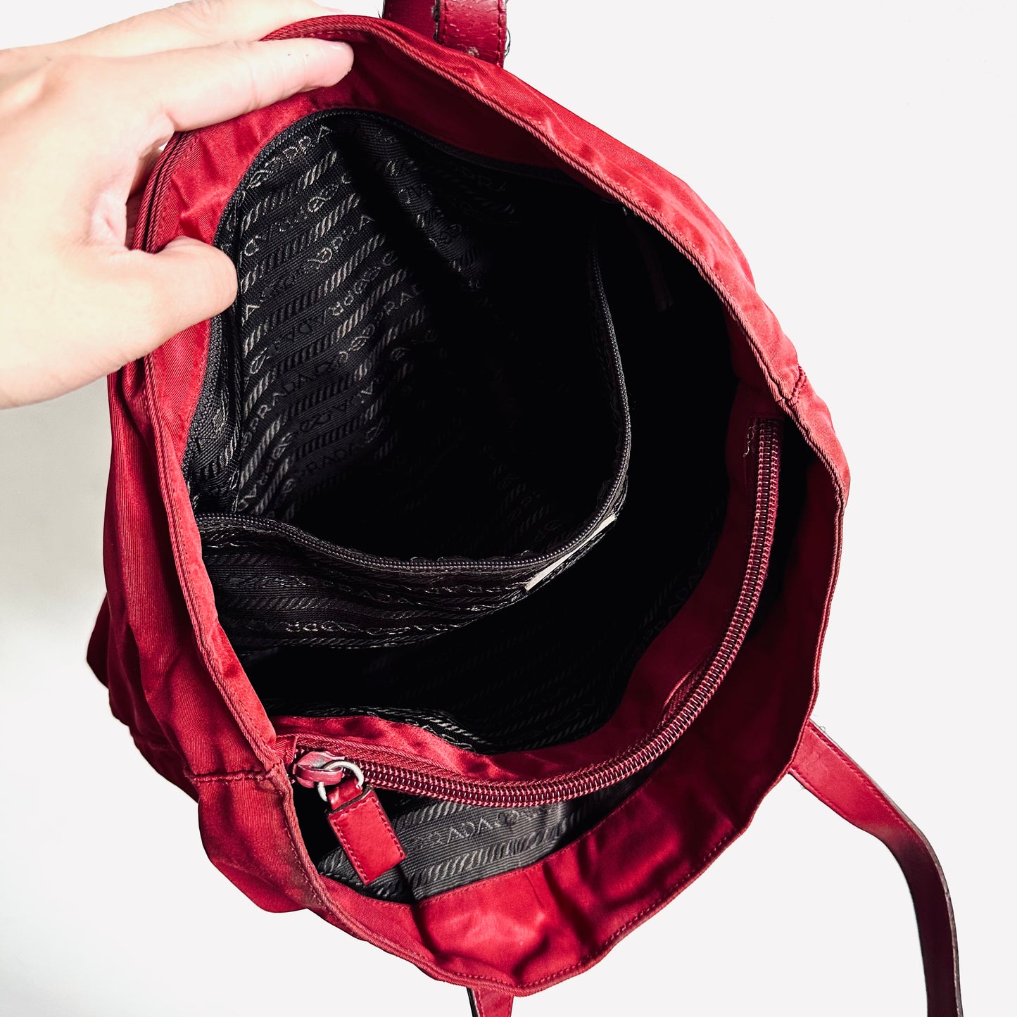 Prada Deep Maroon Red Logo Nylon & Leather Classic Wide Shopper Shoulder Tote Bag