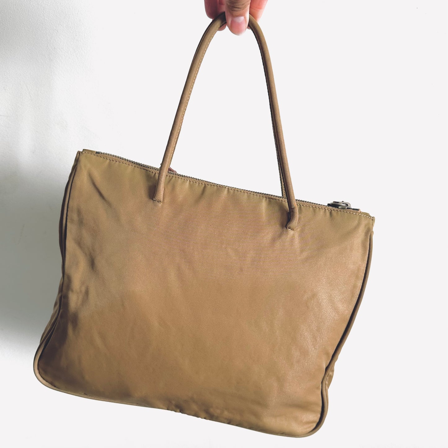 Prada Khaki Beige Tessuto Sport Classic Logo Nylon Shoulder Zip Tote Bag