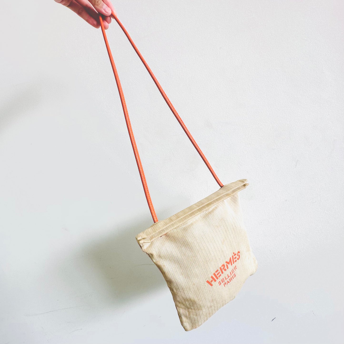 Hermes Aline PM White Toile & Orange Leather Sellier Grooming Shoulder Sling Bag