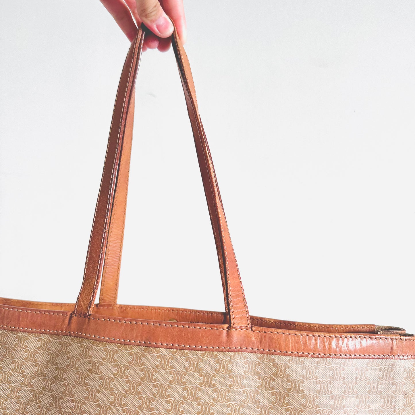 Celine Beige Triomphe Macadam Monogram Logo Vintage Shoulder Tote Bag