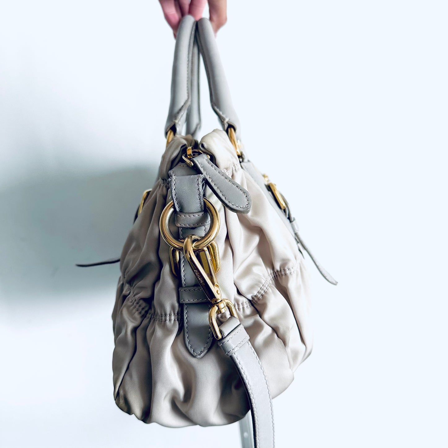 Prada Glacier Blue GHW Gaufre Tessuto Ruched Classic Logo Nylon & Leather 2-Way Shoulder Sling Shopper Tote Bag