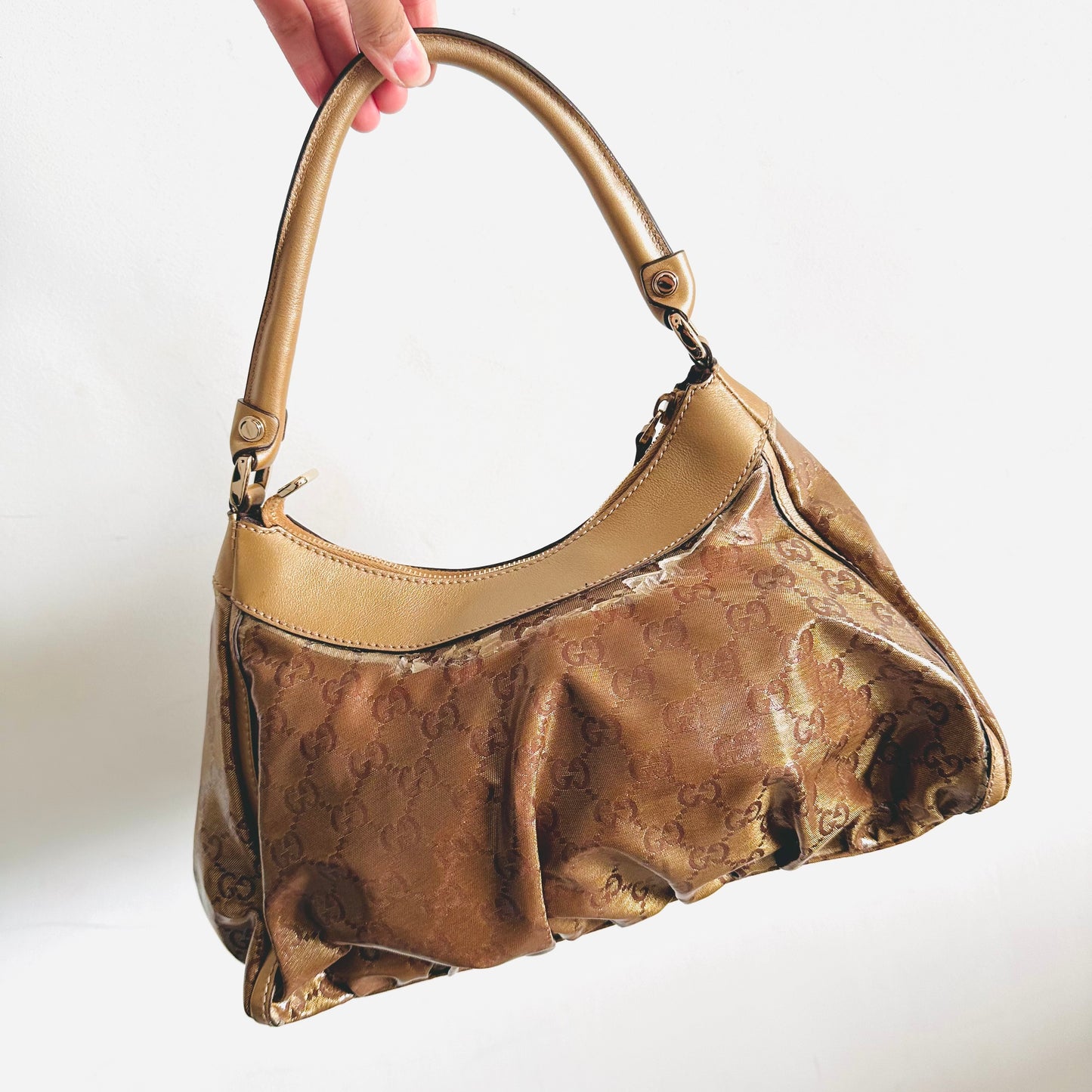 Gucci Abbey Dark Brown Beige GG Monogram Logo Hobo Baguette Shoulder Bag