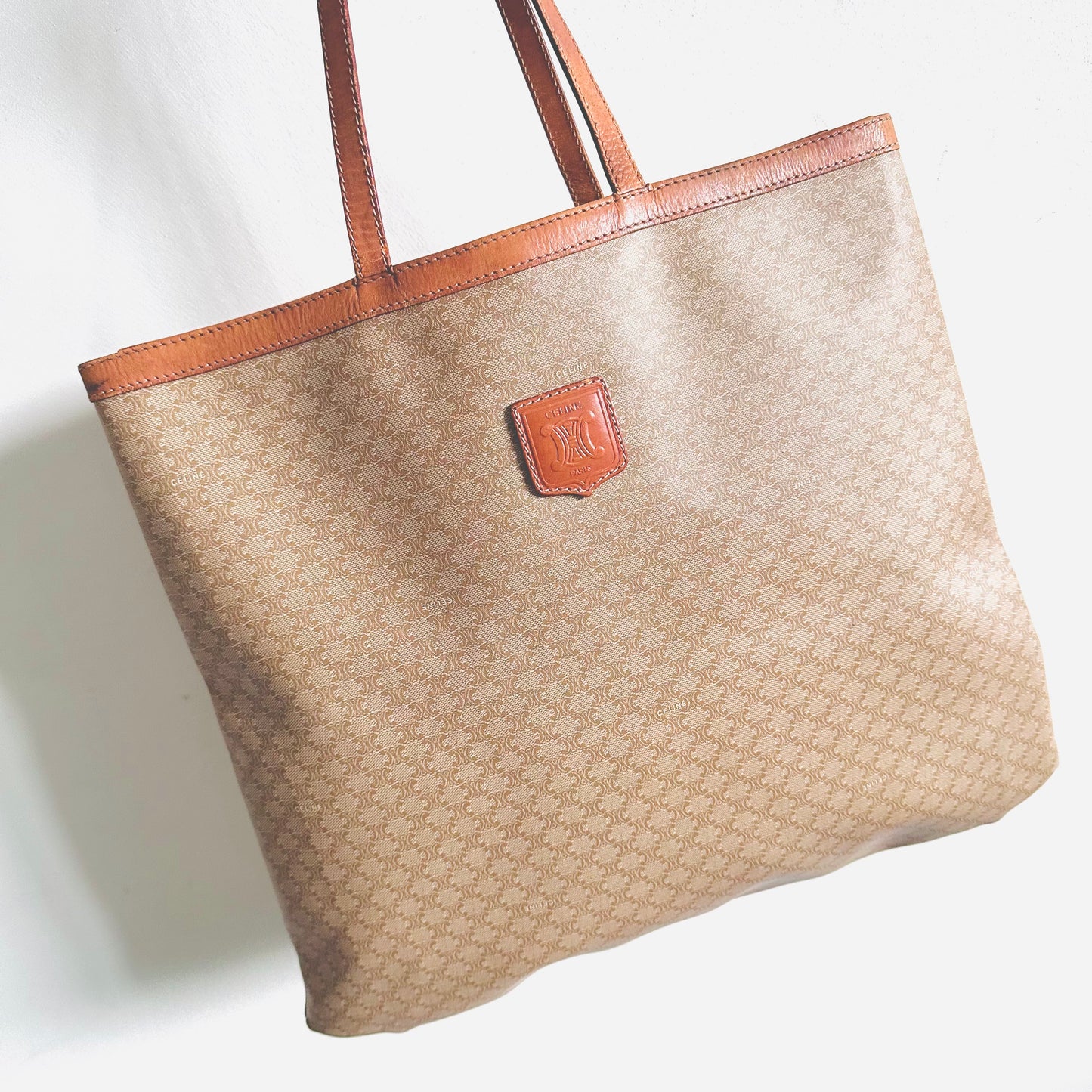 Celine Beige Triomphe Macadam Monogram Logo Vintage Shoulder Tote Bag