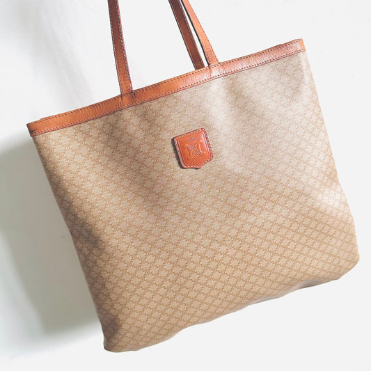 Celine  Beige Triomphe Macadam Monogram Logo Vintage Shoulder Tote Bag