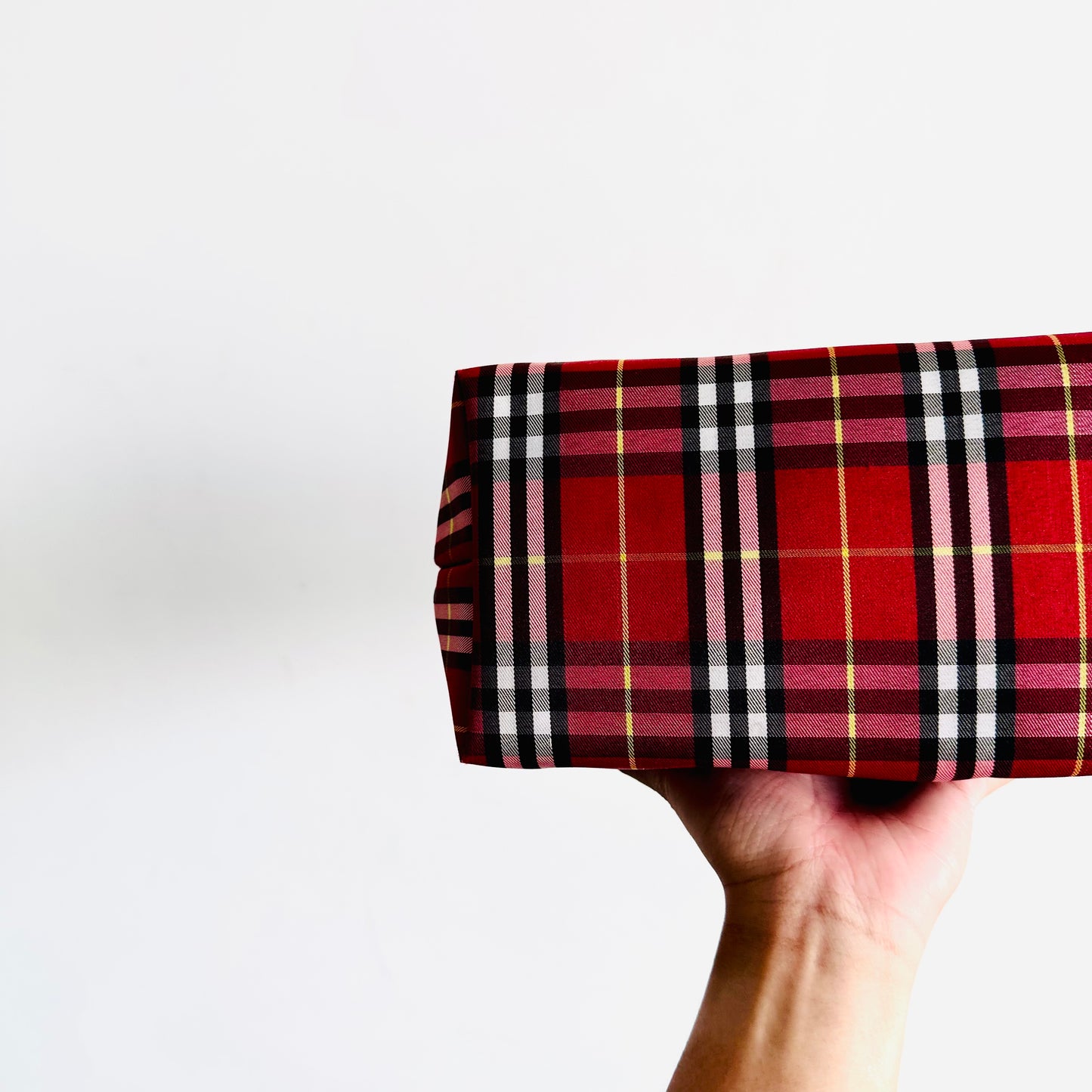 Burberry Deep Red Classic Check Nova Haymarket Checkered Baguette Hobo Shoulder Bag Wrislet Pouch Clutch