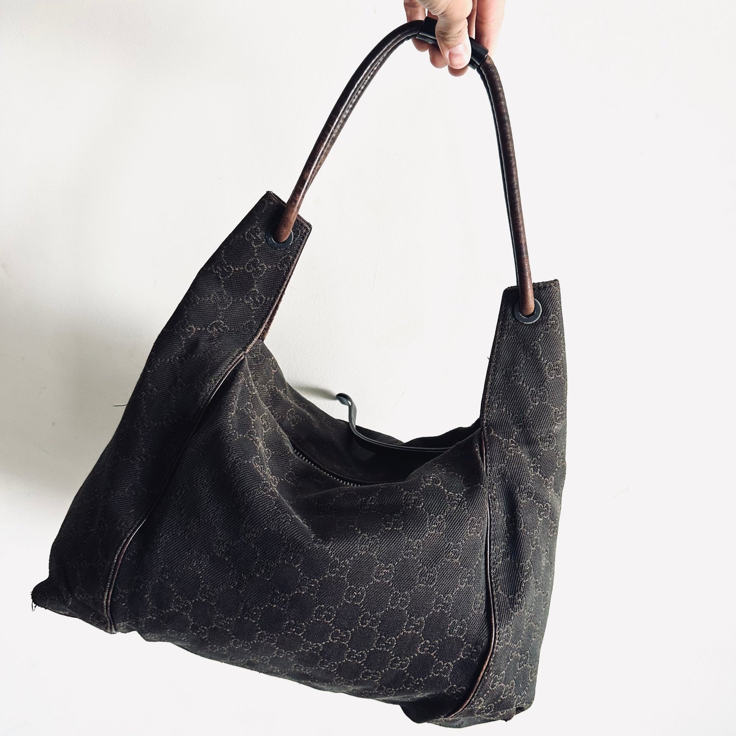 Gucci Black / Dark Brown Micro GG Monogram Logo Hobo Baguette Shoulder Bag