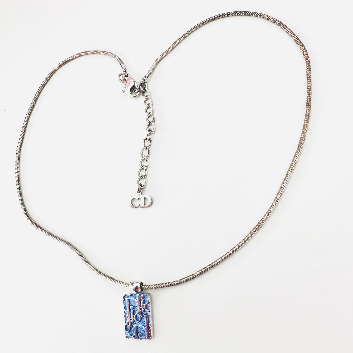 Christian Dior CD Oblique Monogram Logo Blue and Silver Trotter Signature Classic Pendant Vintage Necklace