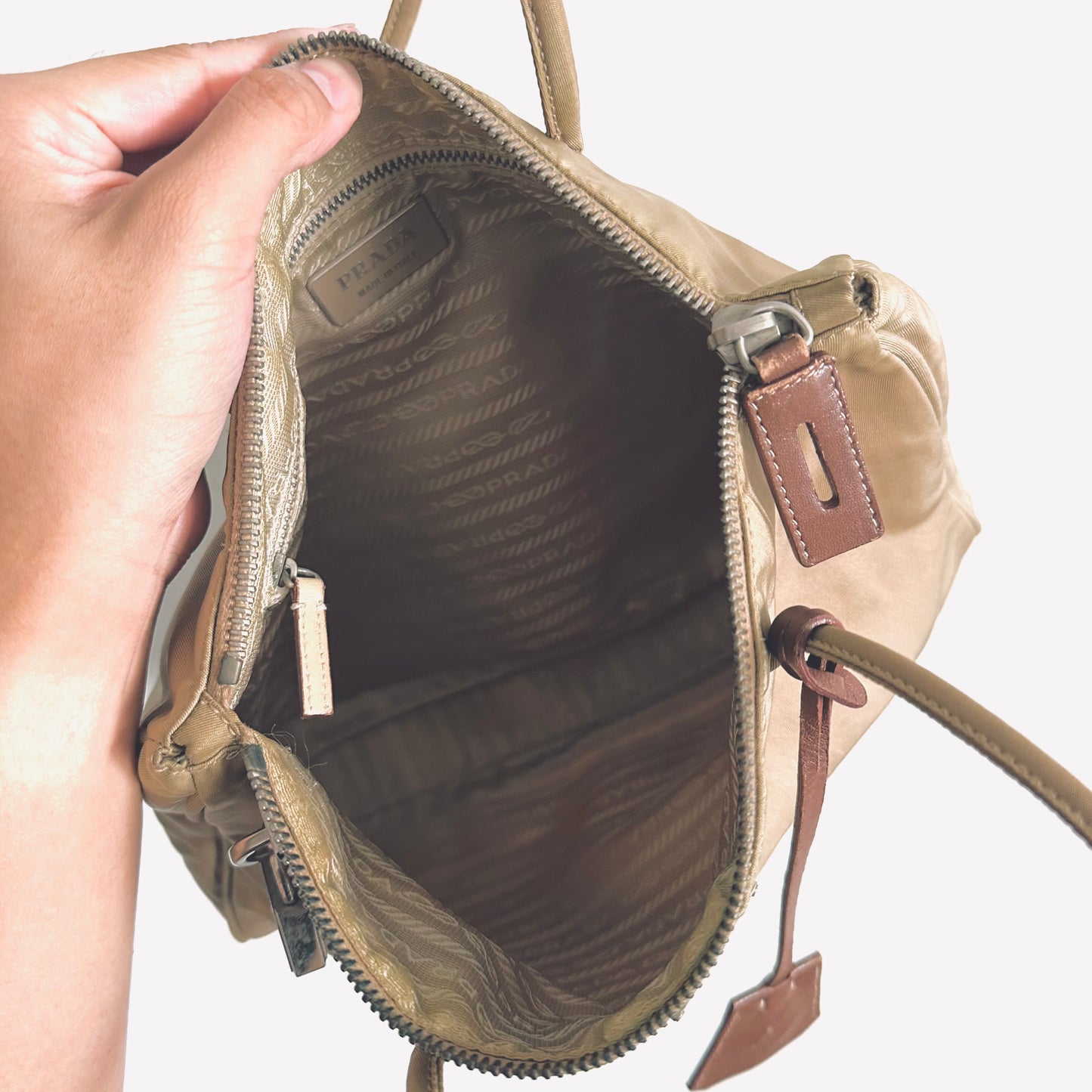 Prada Khaki Beige Tessuto Sport Classic Logo Nylon Shoulder Zip Tote Bag
